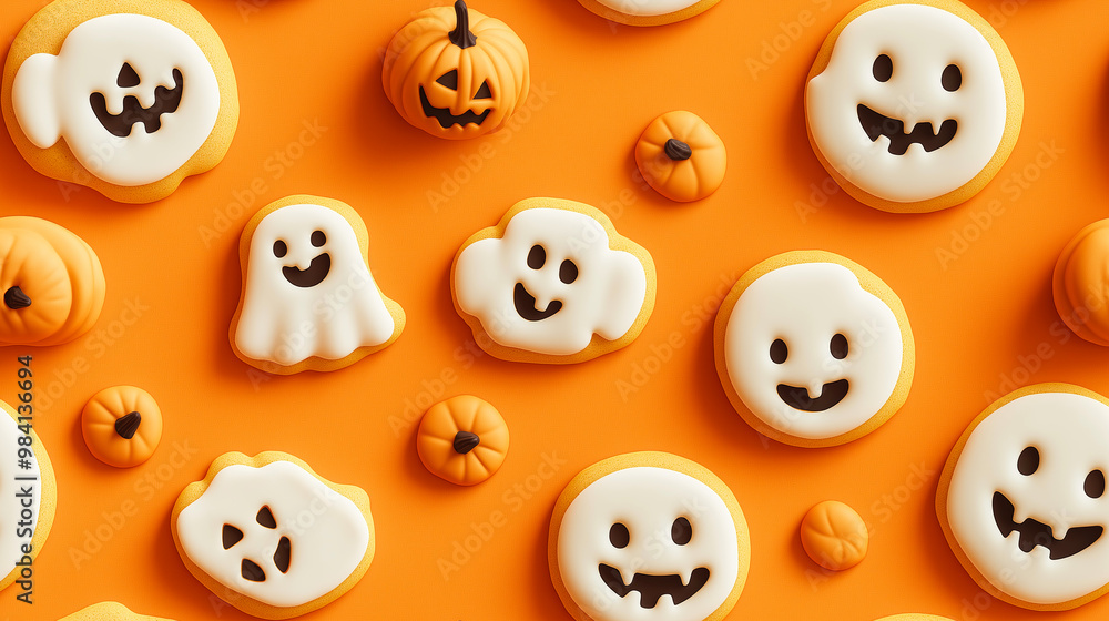 A pattern of cookies in the shape of smiling ghosts and pumpkins on an orange background. Halloween pattern A pattern of cookies in the shape of smiling ghosts and pumpkins on an orange background. Halloween pattern