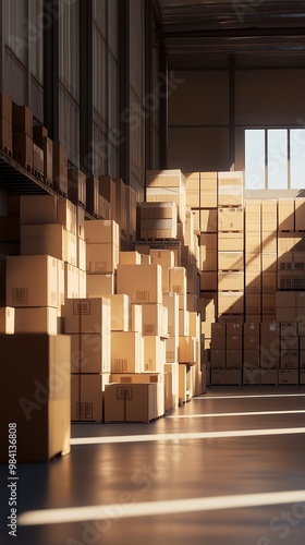 Large warehouse with tall stacks of cardboard boxes in sunlight photo