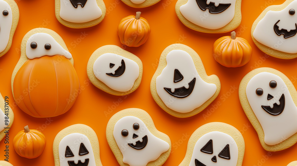 A pattern of cookies in the shape of smiling ghosts and pumpkins on an orange background. Halloween pattern A pattern of cookies in the shape of smiling ghosts and pumpkins on an orange background. Halloween pattern