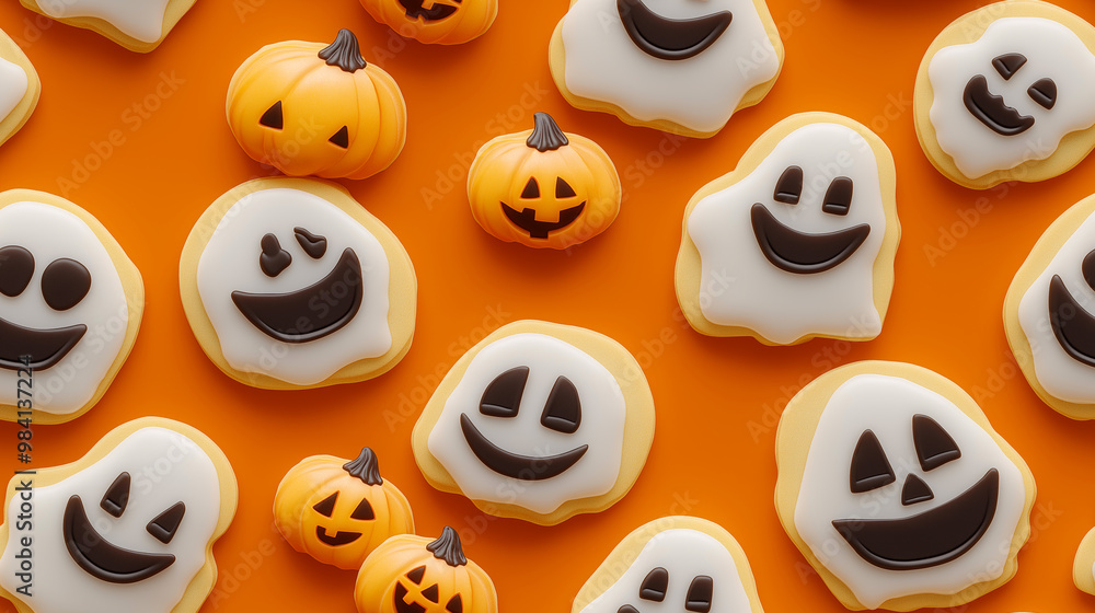 A pattern of cookies in the shape of smiling ghosts and pumpkins on an orange background. Halloween pattern A pattern of cookies in the shape of smiling ghosts and pumpkins on an orange background. Halloween pattern