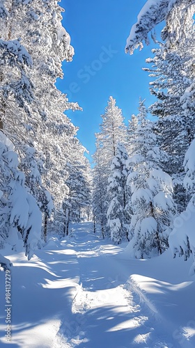 Snow-covered forest under a clear blue sky, with tall pines and firs