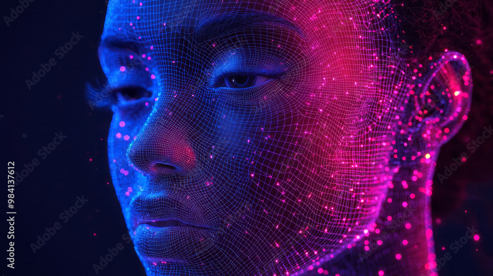 A glowing wireframe human head in neon blue and purple lines, A glowing wireframe human head in neon blue and purple lines,