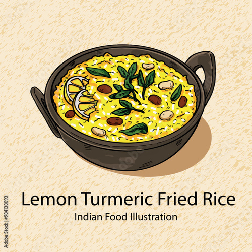 Hand drawn Food Illustration  Vector Indian Food Lemon Turmeric Fried Rice with Peanuts and Cashews