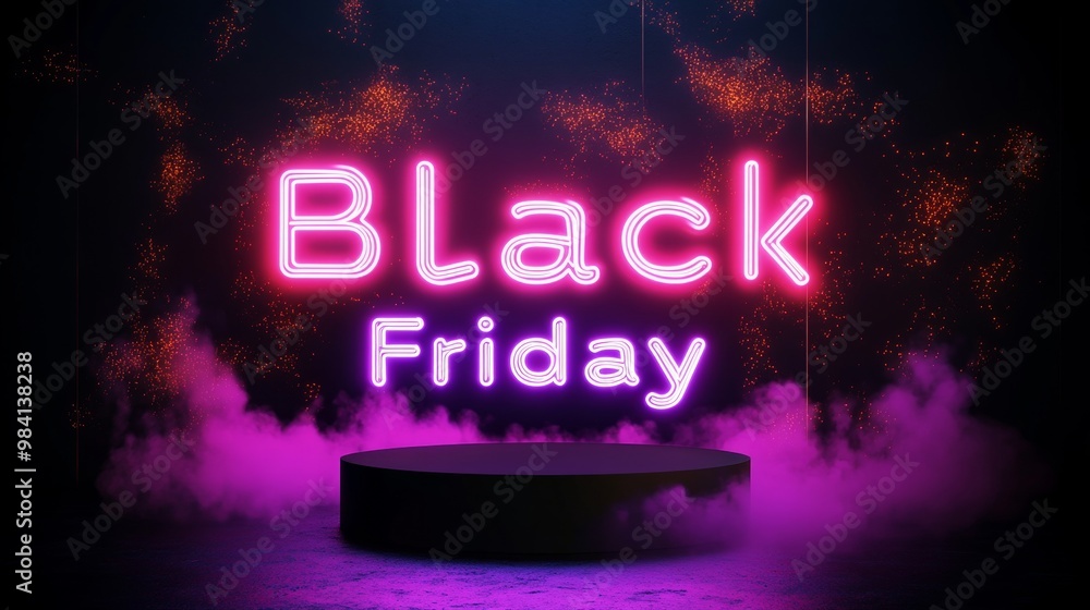 Neon Black Friday Sale sign in dark lights with a glowing platform. Podium stand for promotions Neon Black Friday Sale sign in dark lights with a glowing platform. Podium stand for promotions