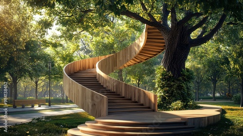 A modern wooden staircase that spirals around a living tree, blending architecture with nature in a public park