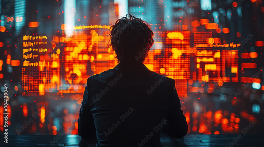 Fototapeta premium A focused business leader standing in front of a group, with glowing charts and financial graphs in the background,