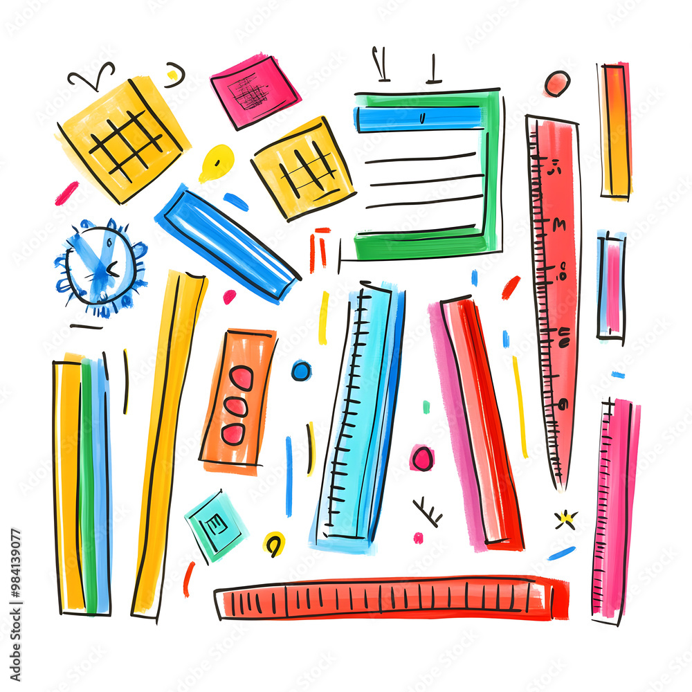 stationery in doodle 2D illustrator style, with cartoonish/symbolic elements and a white background. stationery in doodle 2D illustrator style, with cartoonish/symbolic elements and a white background.