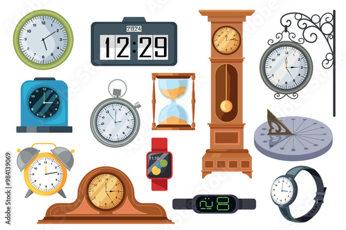 Set of mechanical and electronic clocks in flat cartoon design. This image shows a diverse collection of clocks and timekeeping devices. Vector illustration.