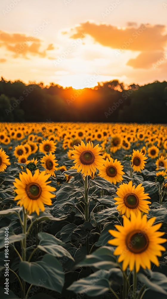Fototapeta premium Sunset over a vast field of sunflowers 