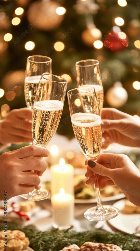 Happy family gathering at home in front of Christmas tree for celebration, raising glasses with champagnes in toast Happy family gathering at home in front of Christmas tree for celebration, raising glasses with champagnes in toast