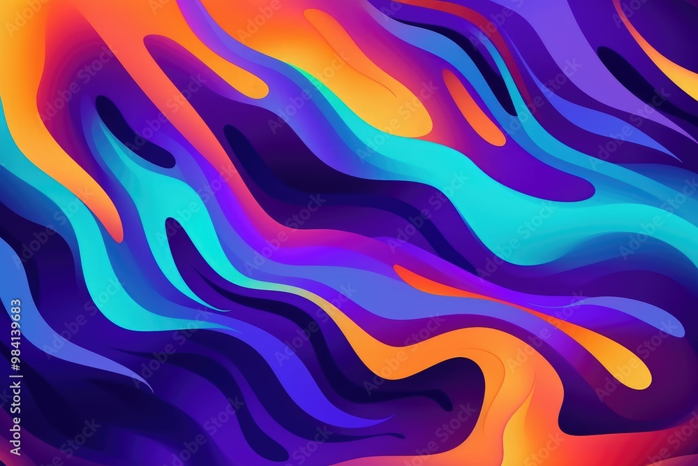 custom made wallpaper toronto digitalFluid abstract texture in vibrant shades of blue, purple, orange, and yellow, creating a dynamic and modern effect with wavy shapes and intense contrasts.