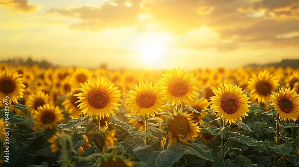 Fototapeta premium Sunset over a vast field of sunflowers 