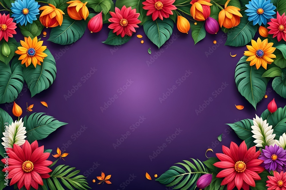 colourful flowers frame a purple background. space for text in the centre colourful flowers frame a purple background. space for text in the centre