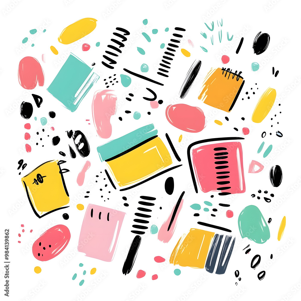 stationery in doodle 2D illustrator style, with cartoonish/symbolic elements and a white background. stationery in doodle 2D illustrator style, with cartoonish/symbolic elements and a white background.