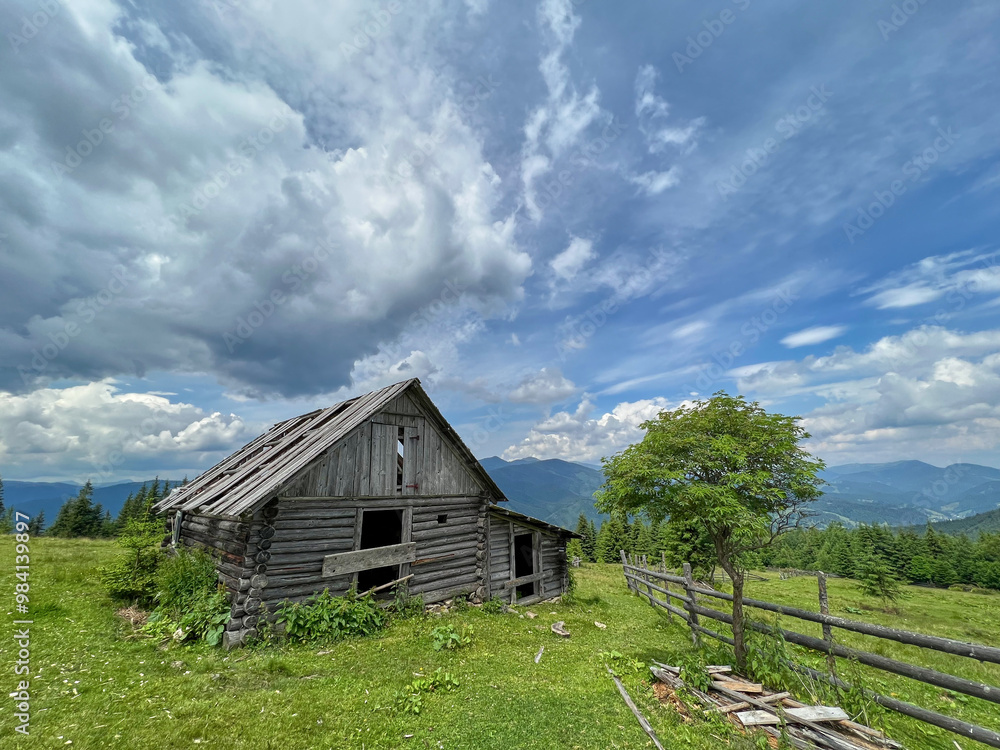 Obraz premium Wooden old hut against green mountains and dramatic sky.