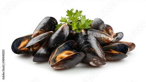 Title: Fresh Mussels on White Background