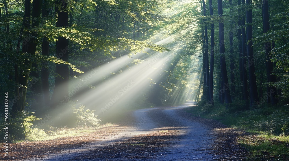 Fototapeta premium Dirt road through a forest with sunlight filtering through generated AI