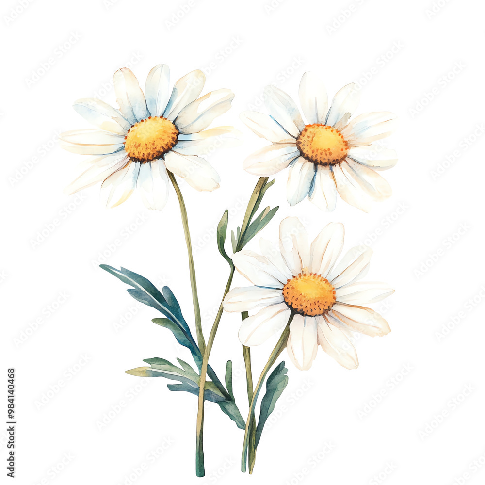 Fototapeta premium Three white daisies with yellow centers and green leaves on a black background.