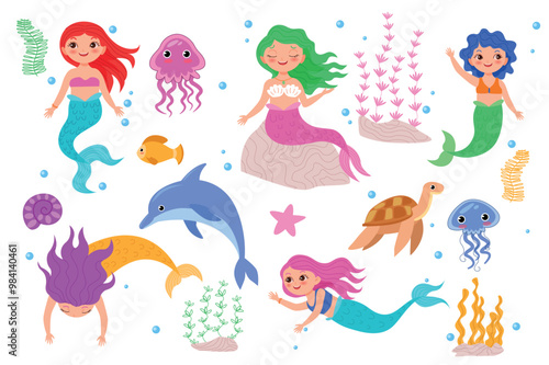 Set of mermaids and seaweed in flat cartoon design. Colorful artwork featuring mermaids, dolphins and a variety of sea creatures including jellyfish and sea turtles. Vector illustration.