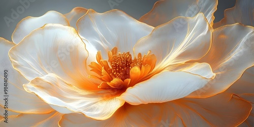 A delicate white flower with a bright orange center, captured in a close-up shot that highlights its intricate details.