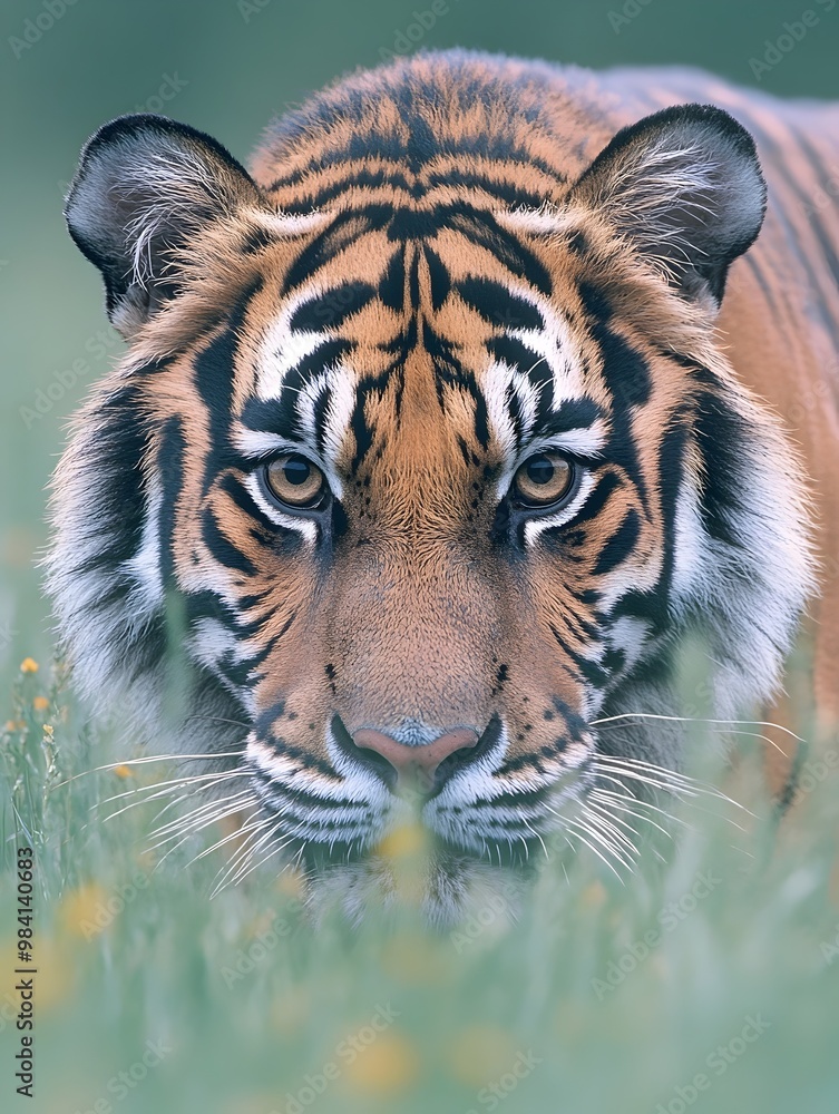 Naklejka premium Close-up portrait of a tiger's face, peering through tall green grass. The tiger's piercing gaze and intricate stripes are captivating.