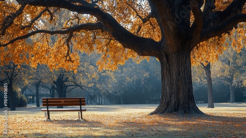 Empty park bench under a large tree in autumn generated AI