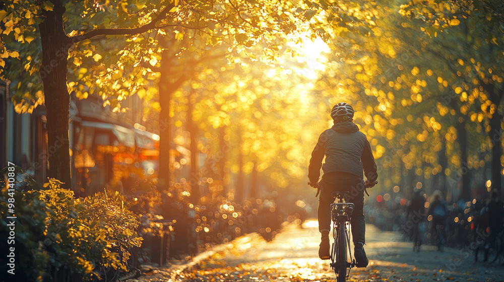 A cyclist riding along a tree-lined city boulevard, with bustling cafés and shops in the background, A cyclist riding along a tree-lined city boulevard, with bustling cafés and shops in the background,