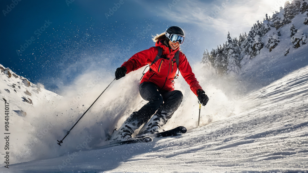 Woman skiing down mountainside carving turns snow spraying exhilarated expression action shot Woman skiing down mountainside carving turns snow spraying exhilarated expression action shot