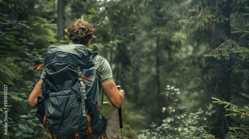 Wallpaper Mural Rugged Outdoor Adventure: Fit Man Hiking in Dense Forest with Large Backpack - Nature, Solitude, Challenge Torontodigital.ca