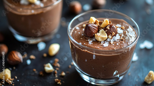 A visual of a gourmet chocolate mousse with a hazelnut praline and a sprinkle of sea salt. photo