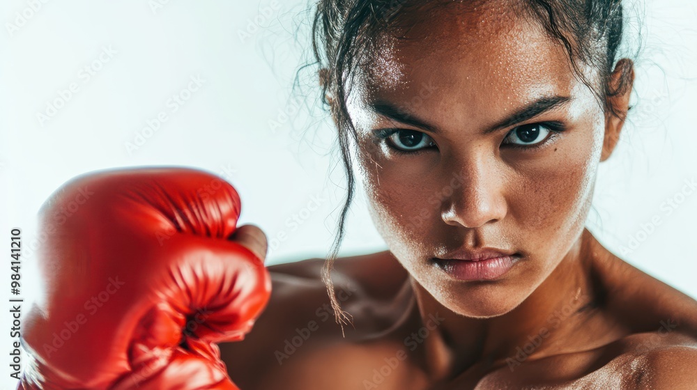 Female athlete midstrike in Muay Thai, eyes locked on target, pure white background, capturing focus and intensity Female athlete midstrike in Muay Thai, eyes locked on target, pure white background, capturing focus and intensity