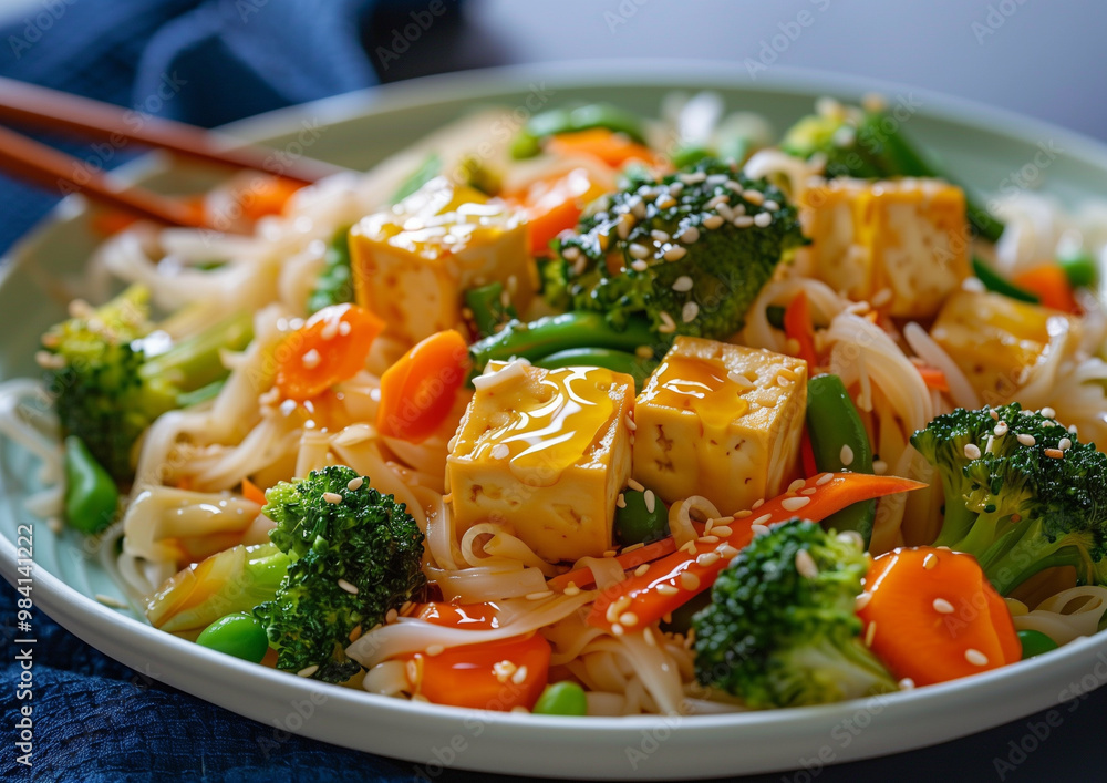 Healthy tofu and vegetable stir fry with noodles and sesame seeds Healthy tofu and vegetable stir fry with noodles and sesame seeds