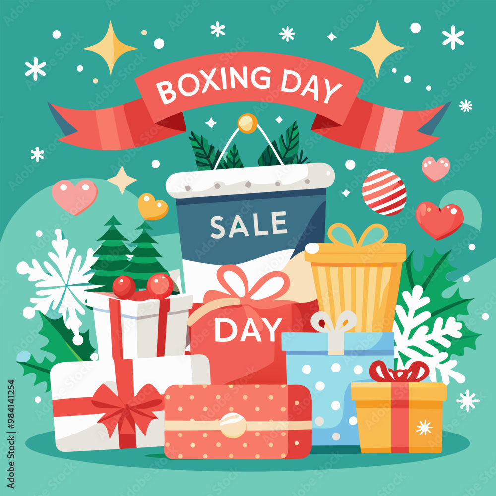 A festive illustration perfect for Boxing Day sales and promotions. Featuring colorful gift boxes, a sign that reads 'Sale Day', and festive decorations. A festive illustration perfect for Boxing Day sales and promotions. Featuring colorful gift boxes, a sign that reads 'Sale Day', and festive decorations.