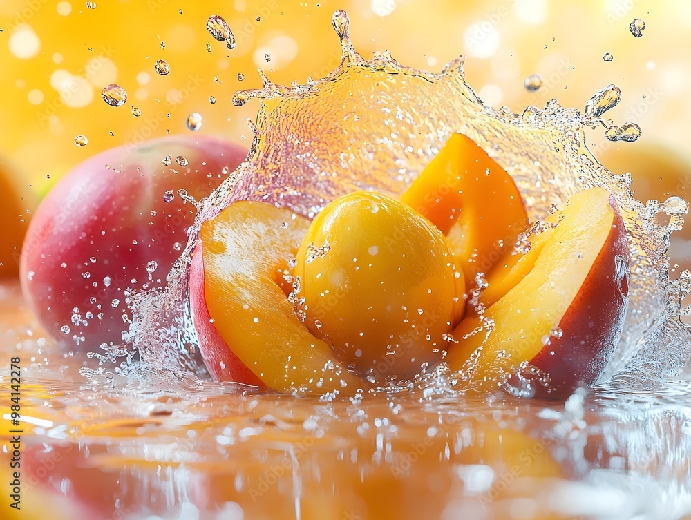 A halved peach splashes into water, creating a vibrant and refreshing scene. A halved peach splashes into water, creating a vibrant and refreshing scene.