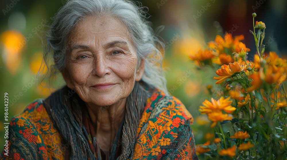 An elderly woman sitting in a garden, her face illuminated by sunlight, An elderly woman sitting in a garden, her face illuminated by sunlight,