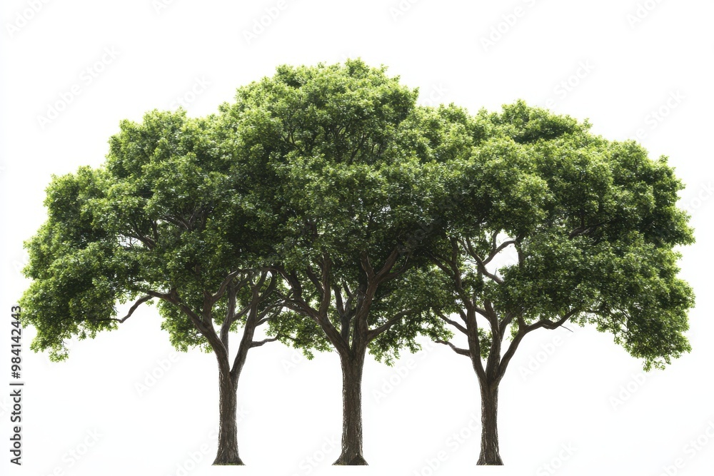 A trio of tall, majestic trees with thick green foliage, displayed against a white background A trio of tall, majestic trees with thick green foliage, displayed against a white background
