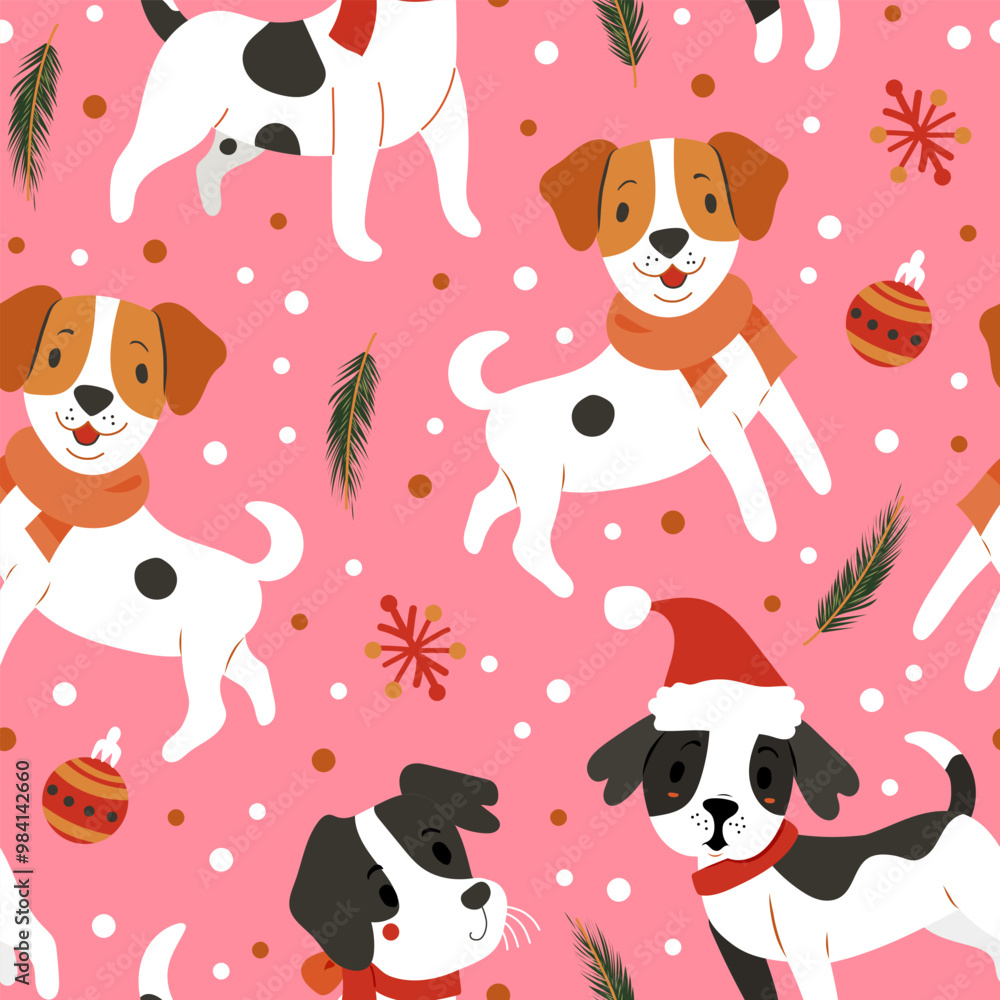 Cute cartoon dogs of different breeds and Christmas decorations, christmas balls, pin tree, dots. Festive vector illustration - dog on winter holidays in flat style. Seamless pattern Cute cartoon dogs of different breeds and Christmas decorations, christmas balls, pin tree, dots. Festive vector illustration - dog on winter holidays in flat style. Seamless pattern