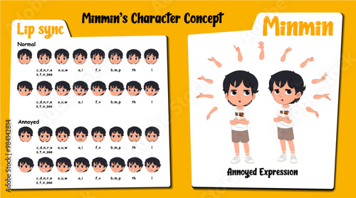 An annoyed boy cartoon character AKA minmin, little boy cartoon with black hair. Annoyed face expressions and lip sync. Set of cute boy with various hand gesture and front and 1/3 standing pose.