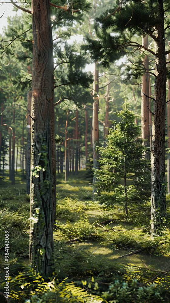 Obraz premium A serene forest scene featuring tall trees, lush greenery, and dappled sunlight filtering through leaves, creating tranquil atmosphere