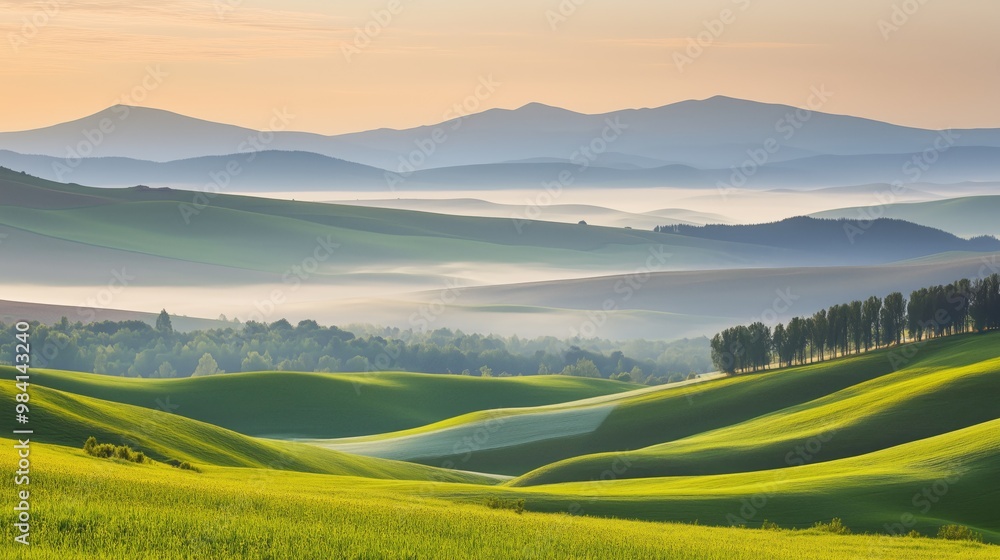 Obraz premium Morning fog over a peaceful valley with distant hills generated AI