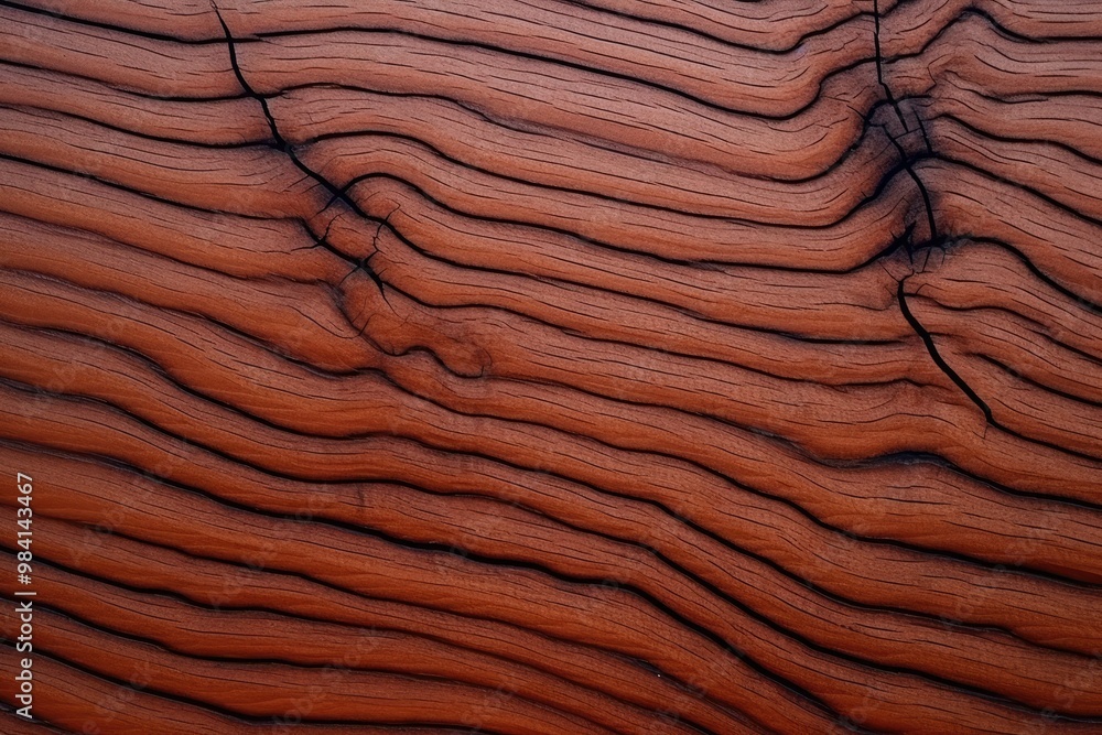 Fototapeta premium Reddish-brown wood with wavy grains and smooth surface