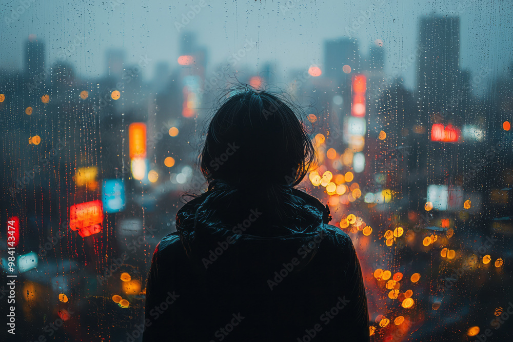 Fototapeta premium A personâ€™s shadowy figure tracing gentle lines on a foggy window during a rainy afternoon,