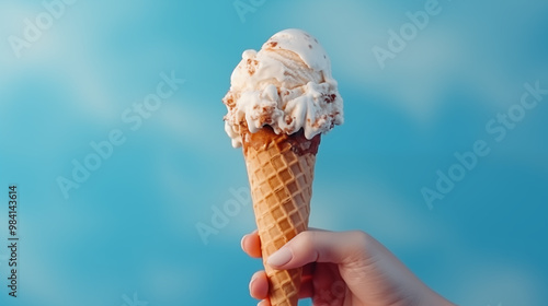 Hand of a young woman holding vanilla ice cream. A classic dessert captured in the hands of a joyful moment.