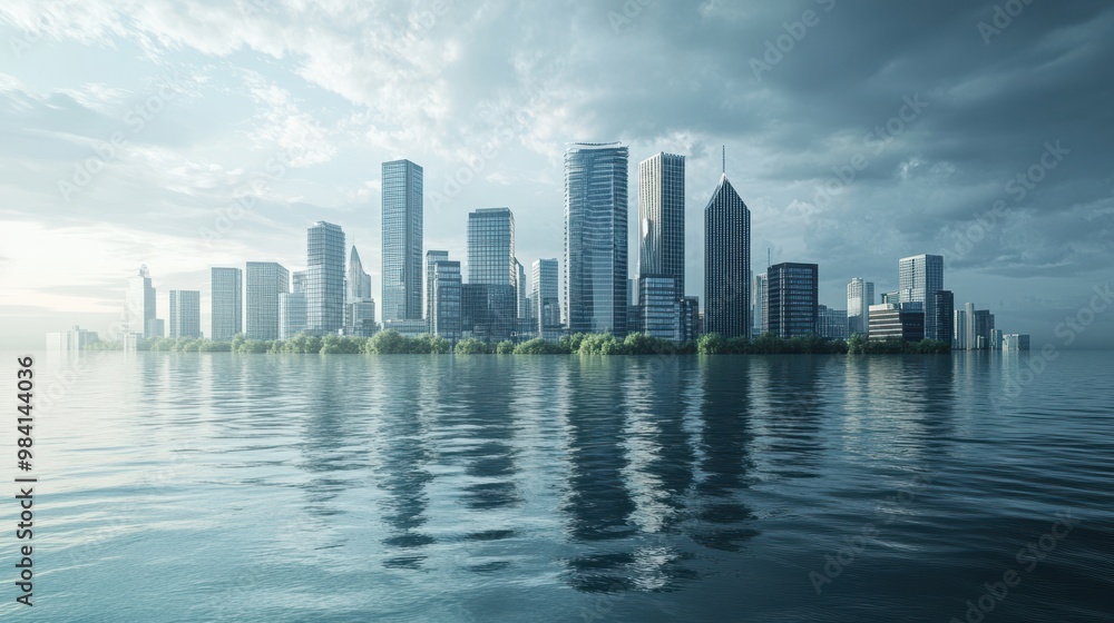 City Submerged - 3D Rendering of Coastal Urban Area Affected by Rising Sea Levels and Climate Change City Submerged - 3D Rendering of Coastal Urban Area Affected by Rising Sea Levels and Climate Change
