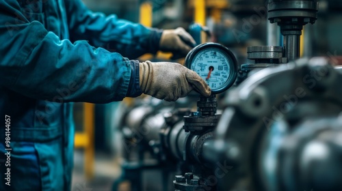 Close-up of refinery machinery with worker adjusting gauges, optimizing petroleum processes.