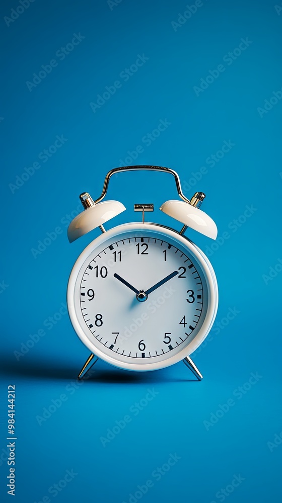 Naklejka premium White Alarm Clock on a Blue Background