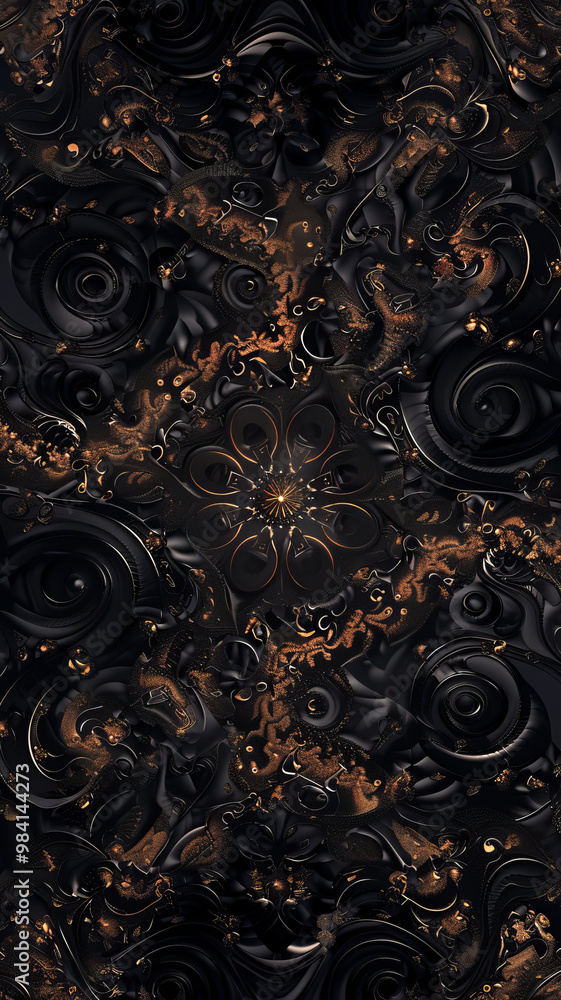 Intricate dark pattern featuring swirling shapes and metallic accents, creating mesmerizing visual effect. design evokes sense of depth and elegance, perfect for various artistic applications Intricate dark pattern featuring swirling shapes and metallic accents, creating mesmerizing visual effect. design evokes sense of depth and elegance, perfect for various artistic applications