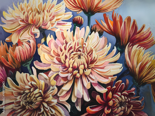 fall chrysanthemums watercolor illustration 