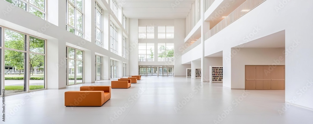 Modern School Library with spacious reading areas and minimalist furniture