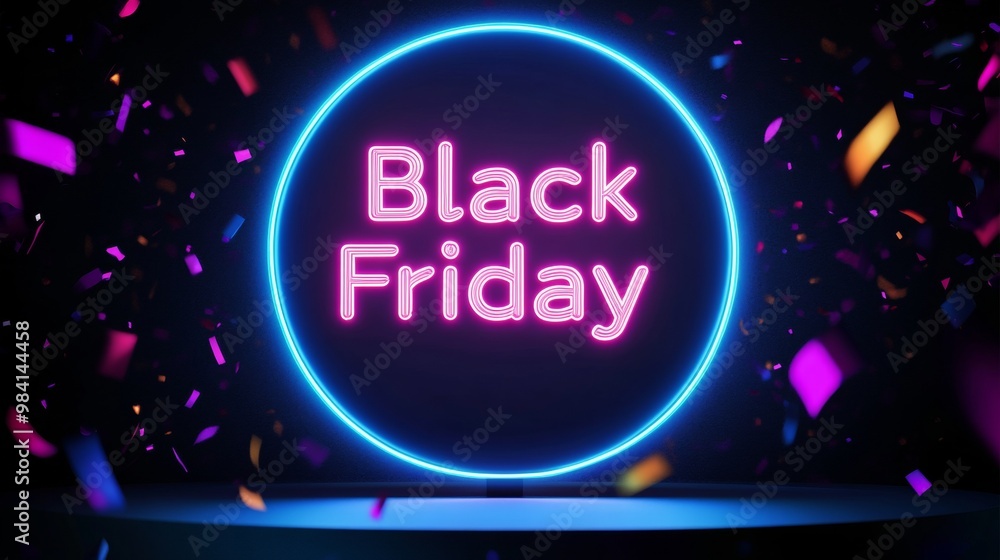 Neon Black Friday Sale sign in dark lights with a glowing platform. Podium stand for promotions Neon Black Friday Sale sign in dark lights with a glowing platform. Podium stand for promotions
